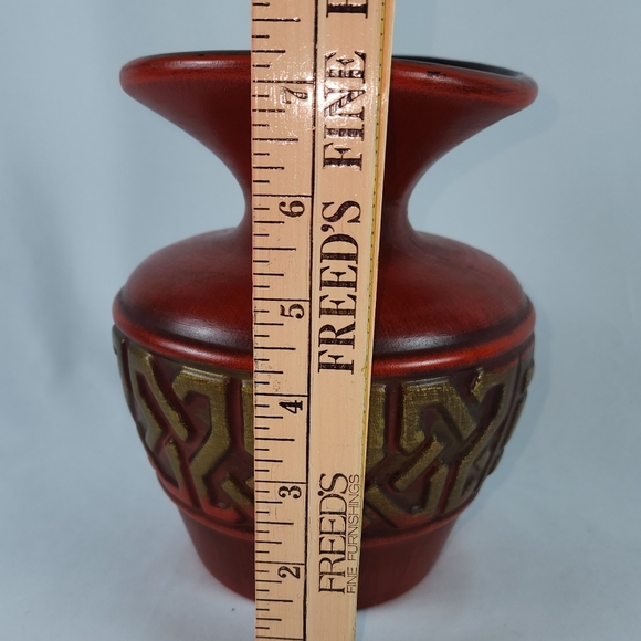 Vintage Haegar Art Pottery Ceramic Orange/Red Vase Abstract Gold Design MCM - Picture 5 of 6